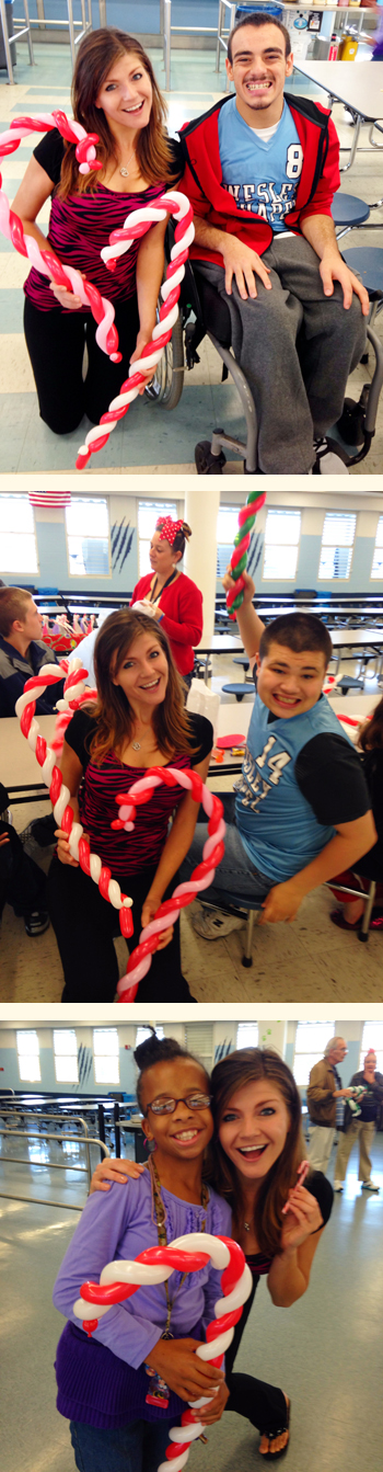 Beleen balloon animal candy cane balloons at high school